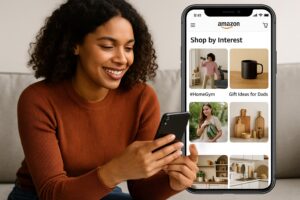 Young African American woman browsing Amazon’s “Shop by Interest” feature on her smartphone, smiling while viewing curated product categories like HomeGym and Gift Ideas for Dads.