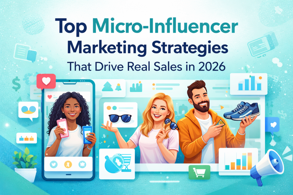 Micro influencer marketing strategy dashboard showing creator performance metrics, conversion tracking, and ecommerce sales growth in 2026