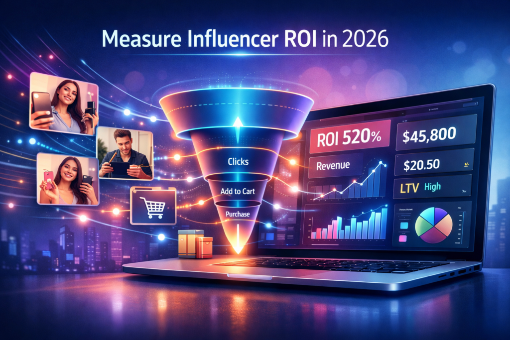 Influencer marketing ROI dashboard showing conversion funnel, real-time revenue analytics, and attribution tracking for ecommerce campaigns