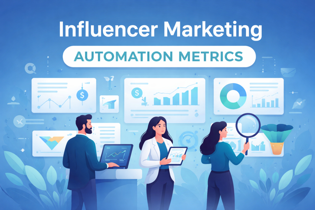 Influencer marketing automation metrics dashboard with professionals analyzing data and performance insights in a modern blue analytics interface.