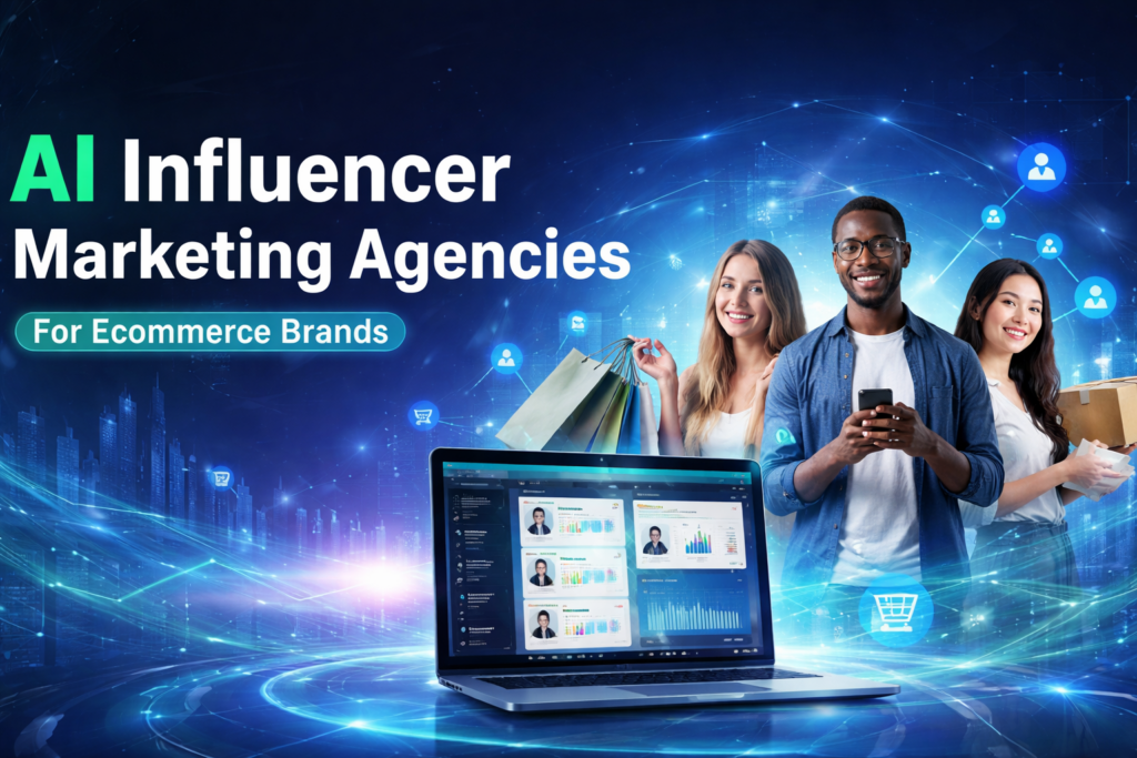 AI-powered influencer marketing dashboard with diverse creators, real-time analytics, and ecommerce conversion tracking on a futuristic blue digital background